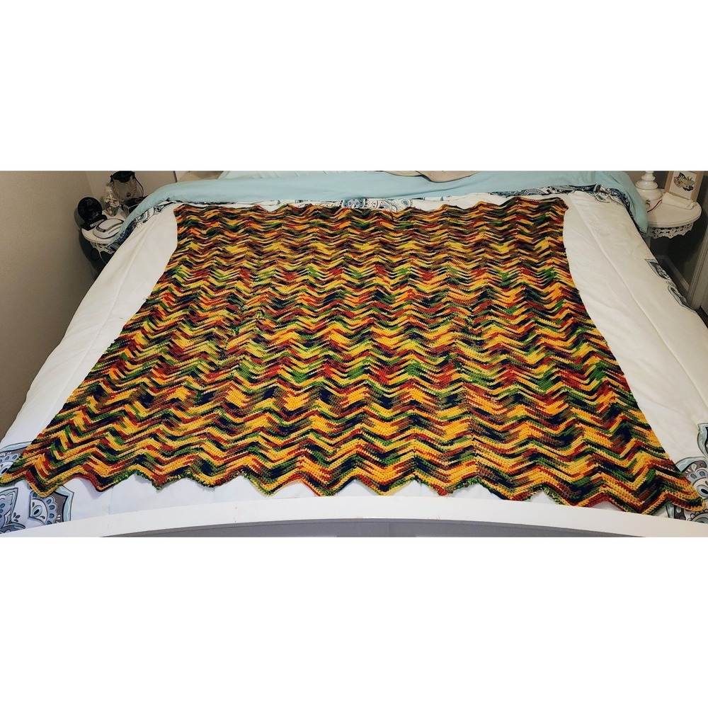 🔥 Vintage Wool  Hand Made Rainbow Zig Zag Blanket Afghan 55" X 57" Roseanne